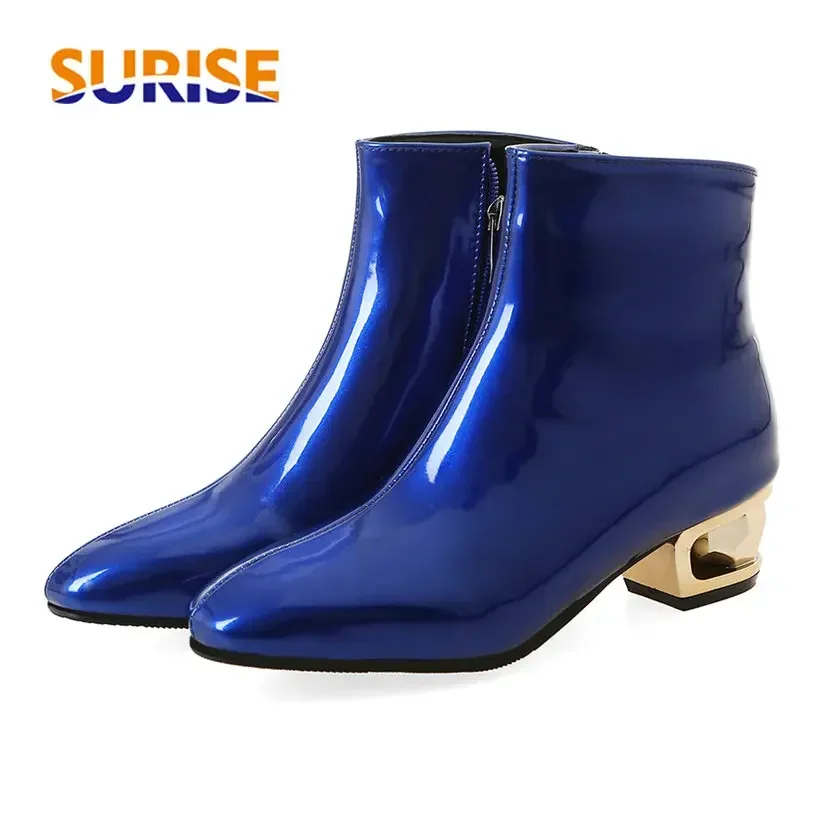 Plus Size Winter Blue Pink Patent Leather Women Ankle Boots 4cm Medium Block Heel Dress Party Square Toe Office Lady Short Boots