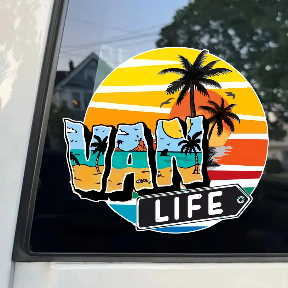 

12x11cm Vintage Van Life Vinyl Sticker Palm Tree Sunset Design Waterproof Decal for Campervans RVs Skateboards Cars Trucks