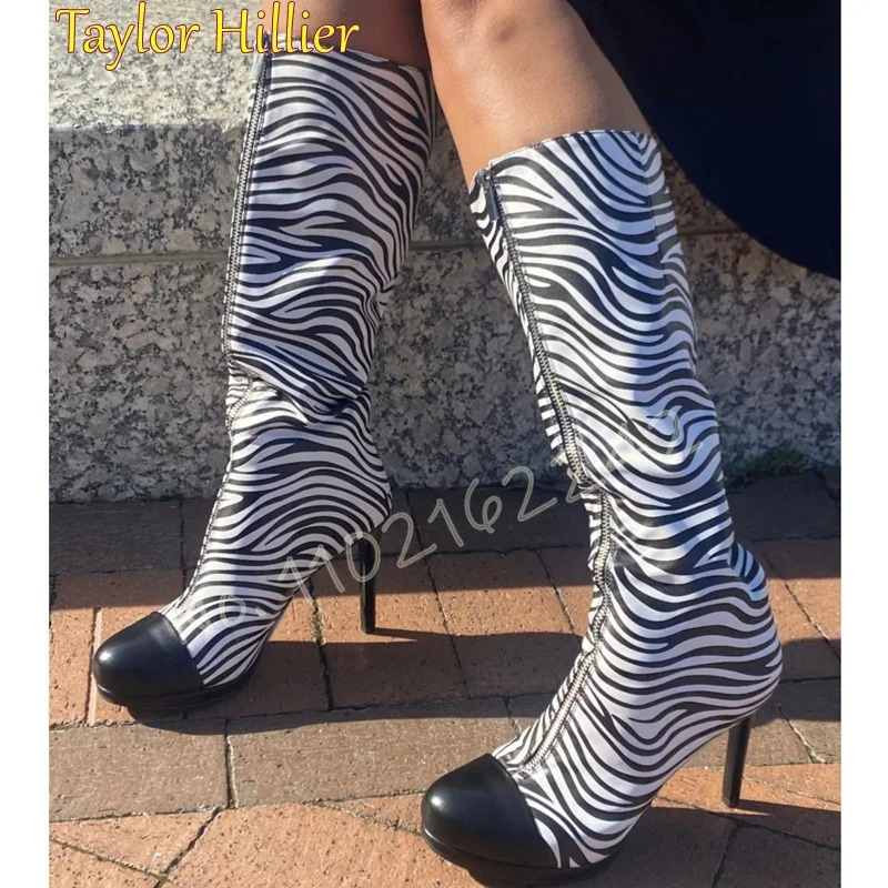 

Черно-белые полосатые ботинки до середины икры, черные модные ботильоны на шпильке с круглым носком и молнией спереди, повседневные осенние женские ботинки 46