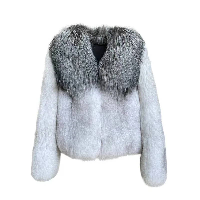 Luxury Winter Warm Real Cropped Fox Fur Coat Women With Big Silver Fox Fur Collar