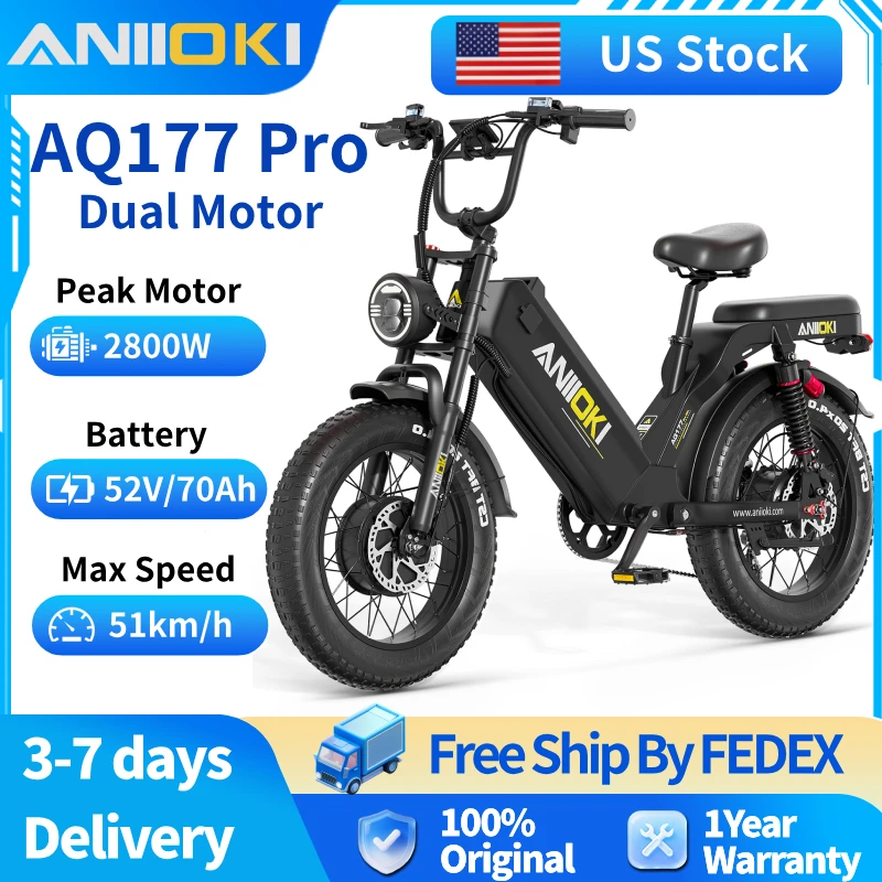 

Электровелосипед ANIIOKI 2800W с двумя моторами, 52V 70Ah, скорость до 32 миль/ч, большой запас хода, модель AQ177 AWD, для взрослых.
