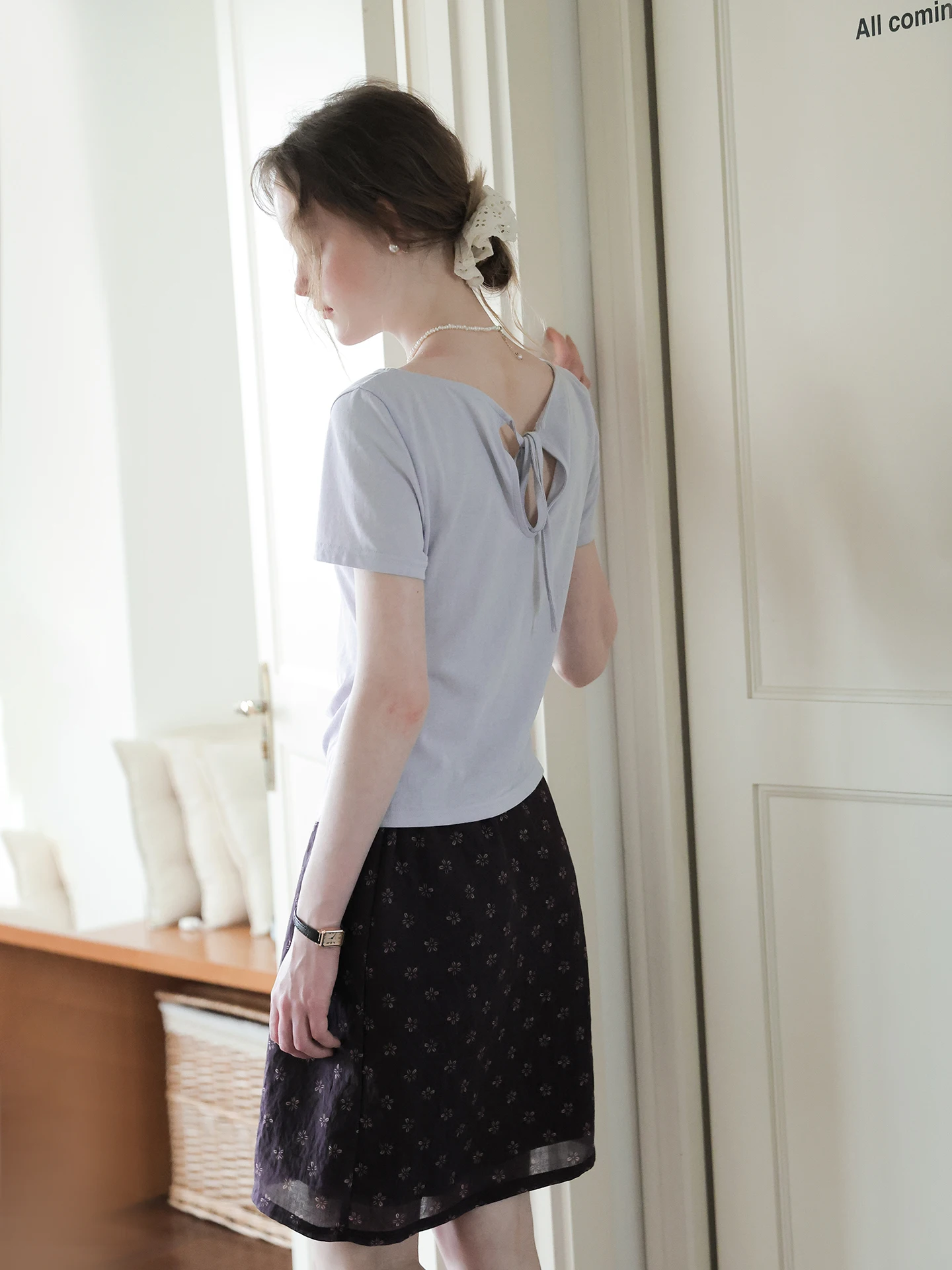 Spring White French Style Loose Fit Cotton Short Sleeve T-Shirt Women's One Shoulder Knot Waist Pleated Hollow out Top