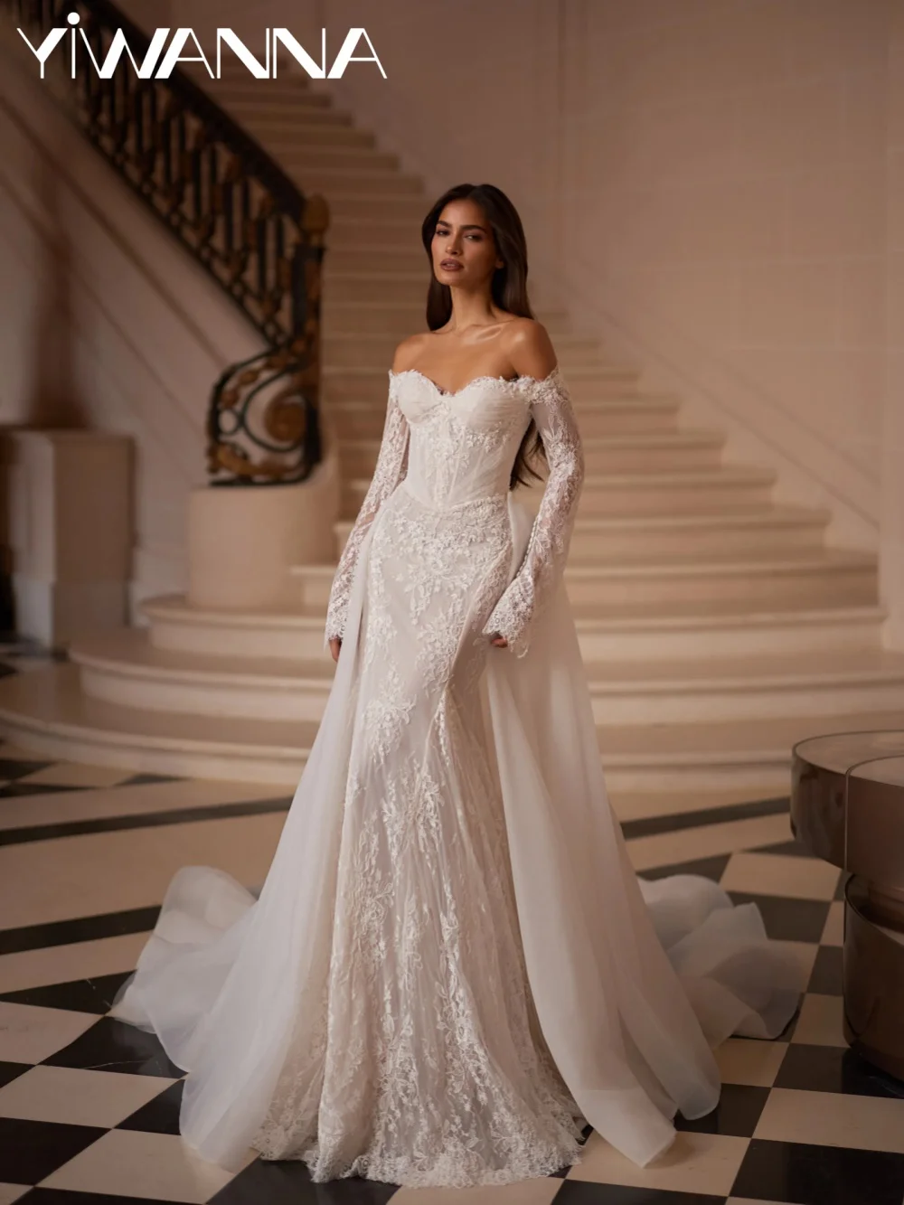 

Glitter Lace Mermaid Wedding Dress With Overskirt Romantic Sweetheart Neck Bridal Gown Customized Dreamy Ivory Dresses For Bride