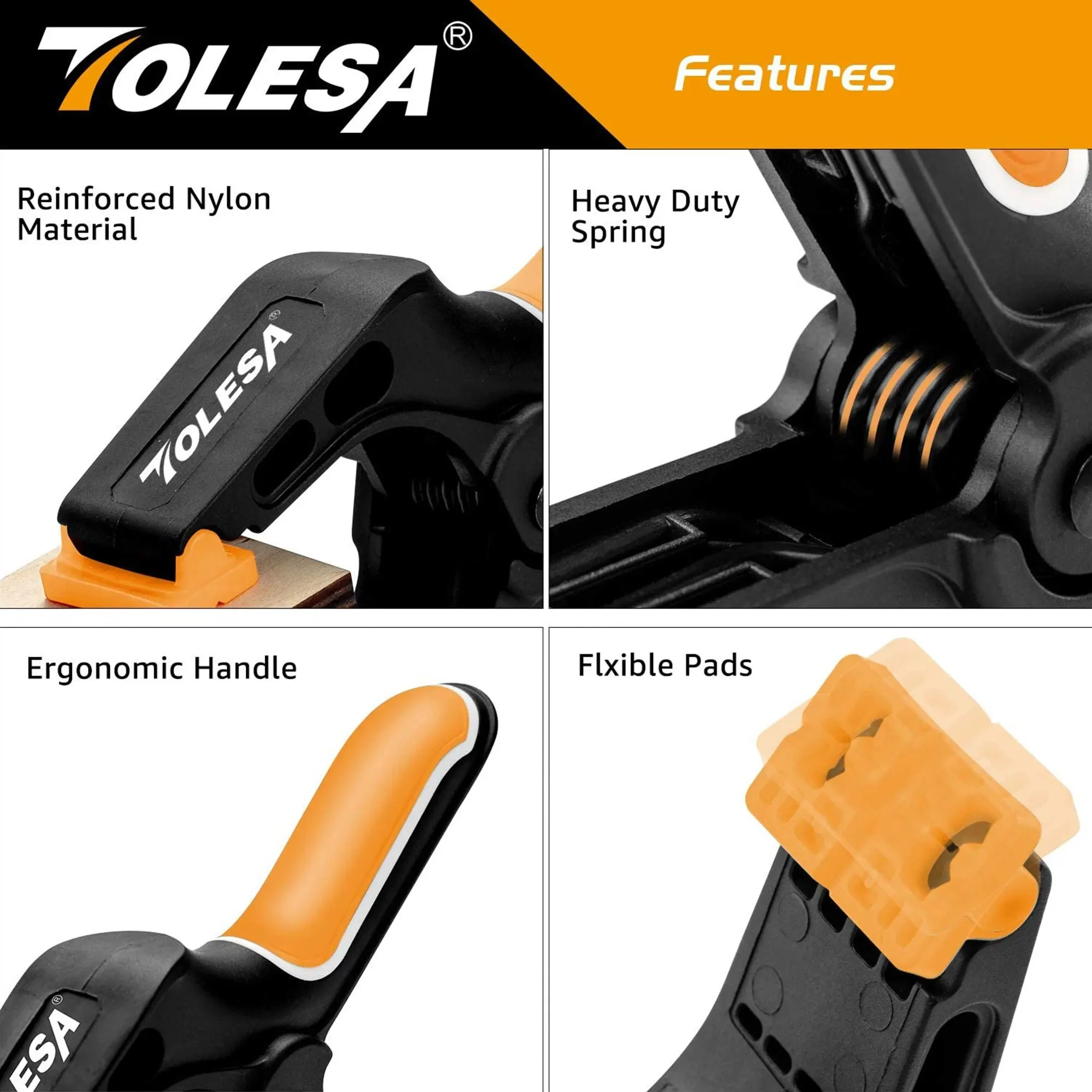 TOLESA 8PCS Spring Clamps 4 Inch Nylon Clamps with 1.8 Inch Jaw Opening for Woodworking Clamping and Securing DIY Crafts Gluing