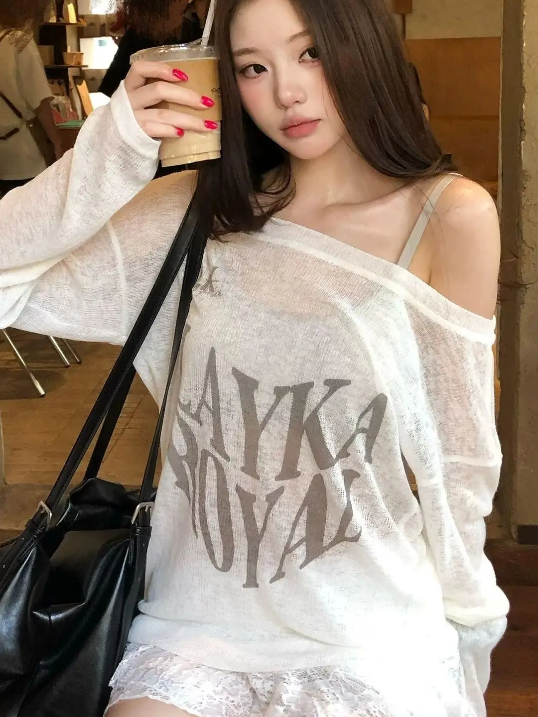 American Style Lazy Shoulder Long Sleeve T-Shirt Women's Summer New Sun Protection Cover up Thin Breathable Semi-Transparent Top