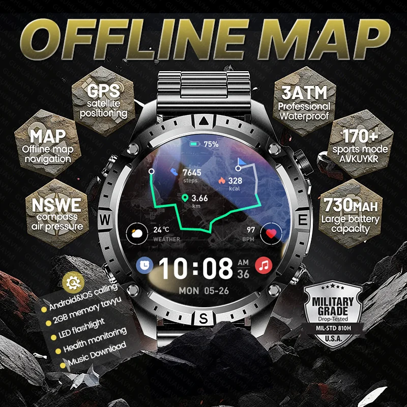2026New Built in GPS Offline Map Smart Watch Outdoor Compass 3ATM Waterproof Bluetooth Call 730mAh Battery Sports Men Smartwatch