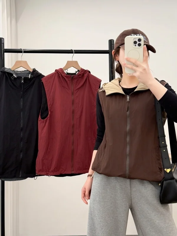 Korean Style Zipper Hooded Vest Large Size Women's Spring Loose Slimming Two-Sided Wear Color Collision Vest Sleeveless Jacket