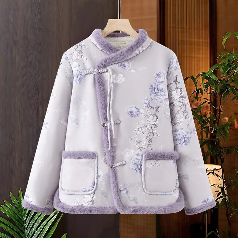 Vintage Floral Print Tang Suit Jacket Winter New Women Cotton-padded Clothes Warm Coat Ladies Quilted Cheongsam Tops 2024 New