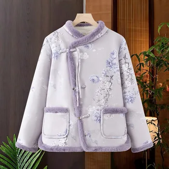 Vintage floral impressão tang terno jaqueta inverno novas mulheres roupas acolchoadas de algodão casaco quente senhoras acolchoado cheongsam topos 2024 novo