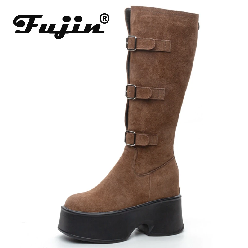 

Fujin 11cm Microfiber Synthetic Leather High Top Women Booties Knee High Platform Wedge Spring Boots Autumn ZIP Fashion Shoes