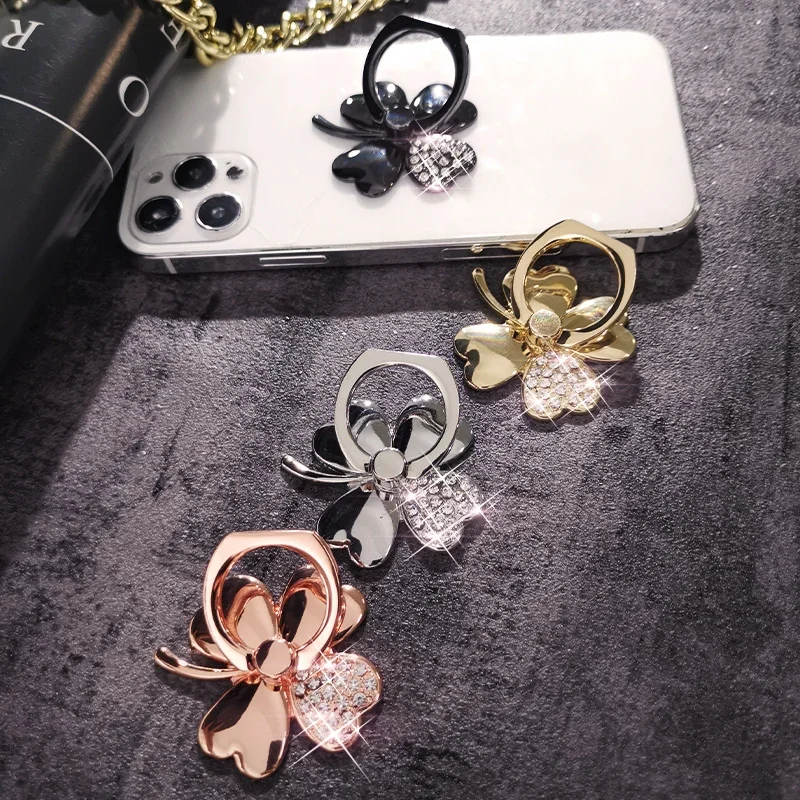 Four Leaf Clover Phone Finger Ring Holder For iPhone Redmi Samsung Crystal Metal Grip Rotation Cellphone Stand Mount Bracket