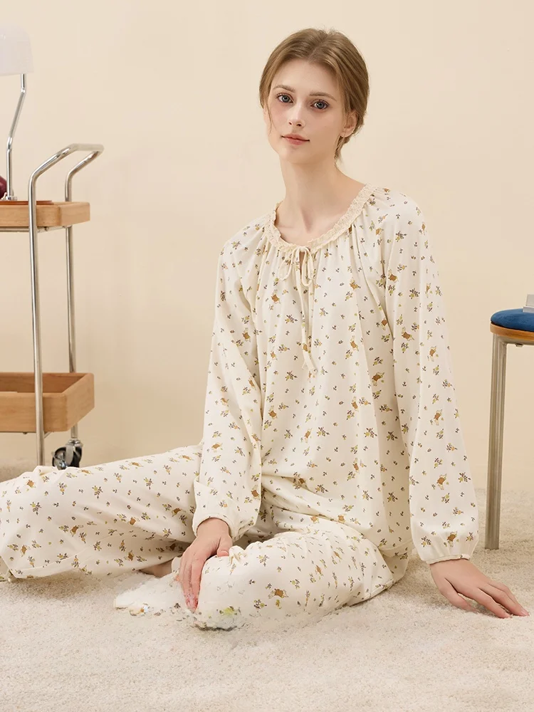 sweet-girl's-lace-print-knitted-ultra-soft-modal-cotton-long-sve-spwear-home-clothes-set-comfortable-breathable-nightgown