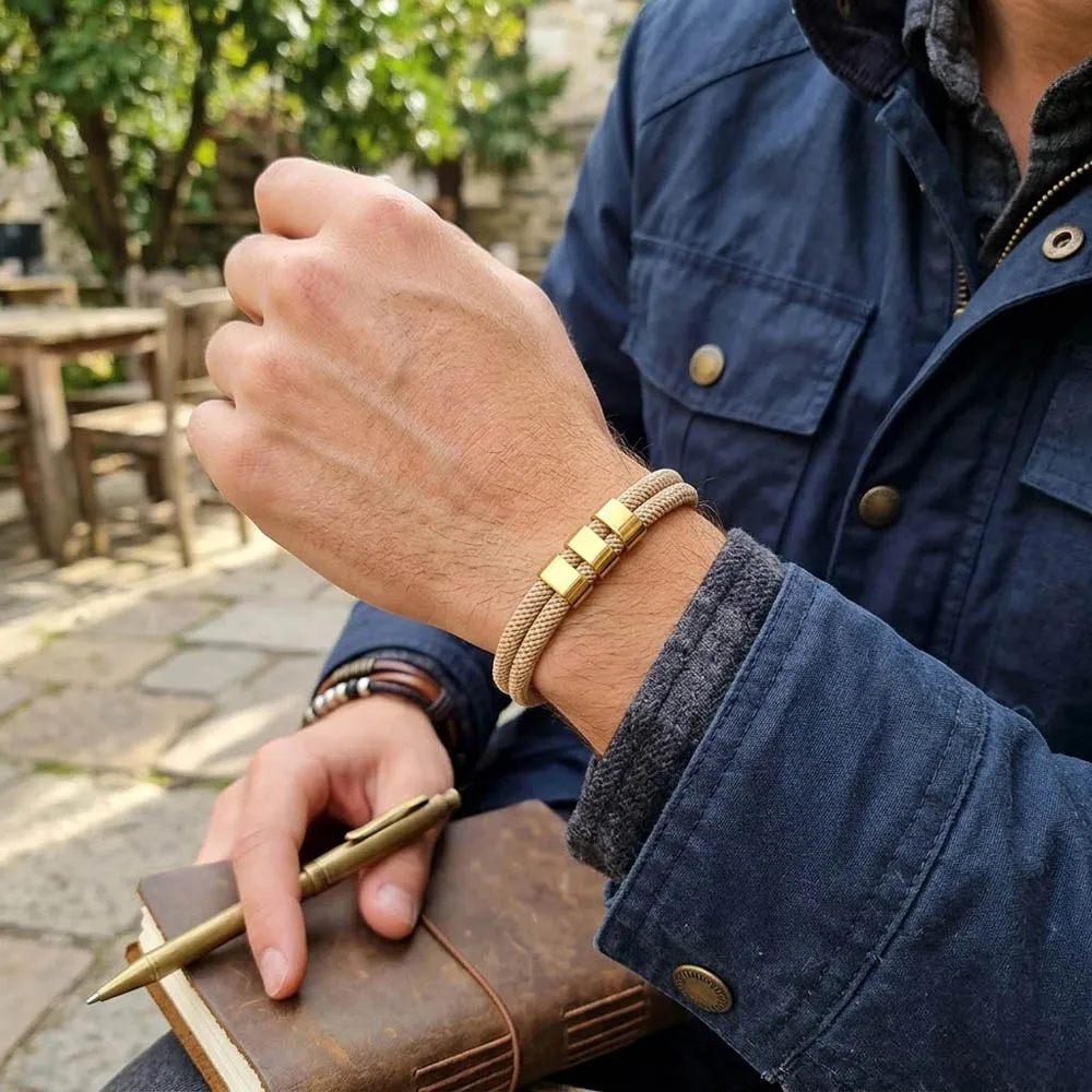 Fashion Double Layer Milan Rope Bracelet Men Three Golden Beads Magnetic Buckle Bracelet Minimalist Jewelry