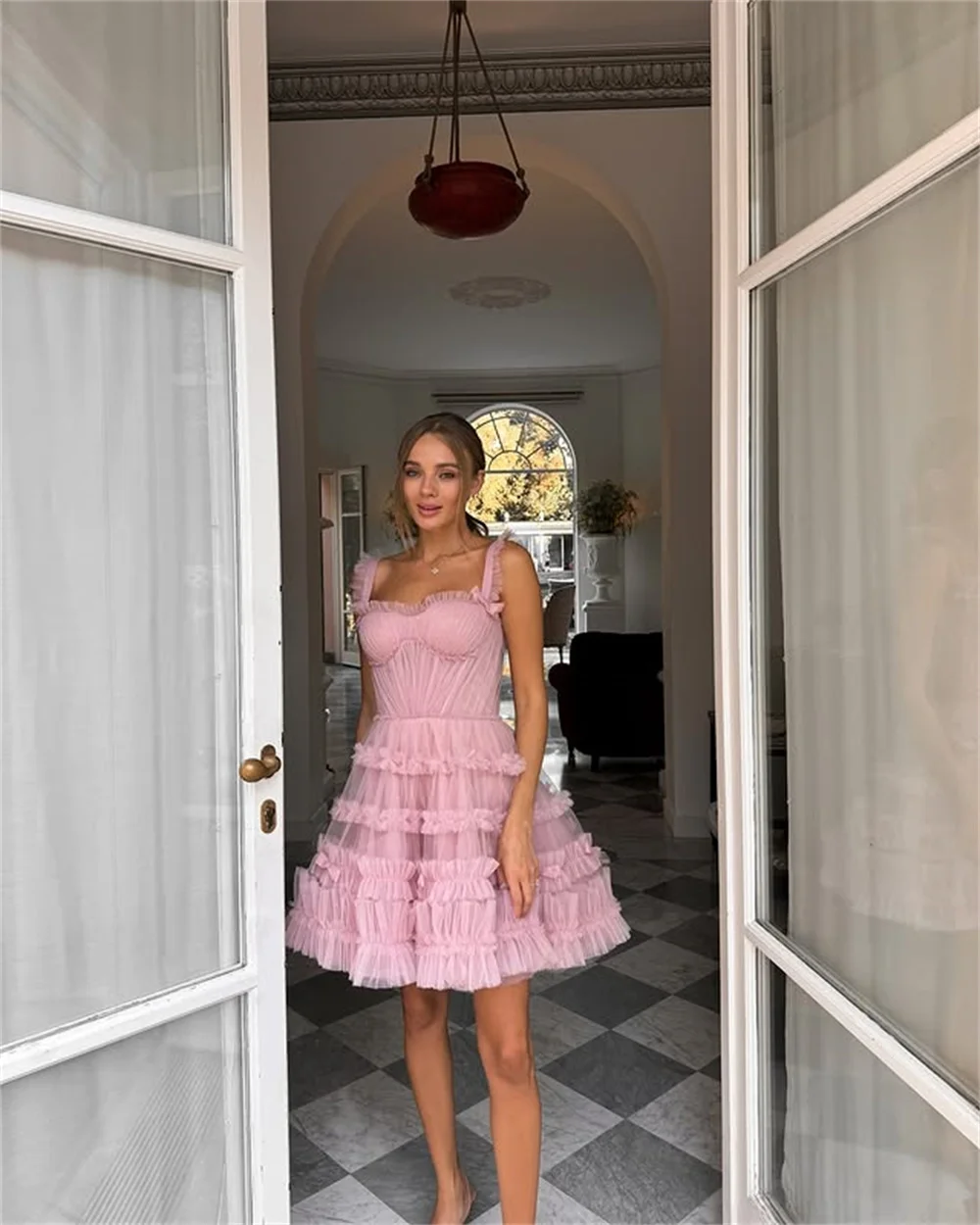 Popular Pink Two Straps Sweethart Tiered Ruffles Knee Lenght Prom Dresses Custom Made 2026 Custom Made Formal Party Grown