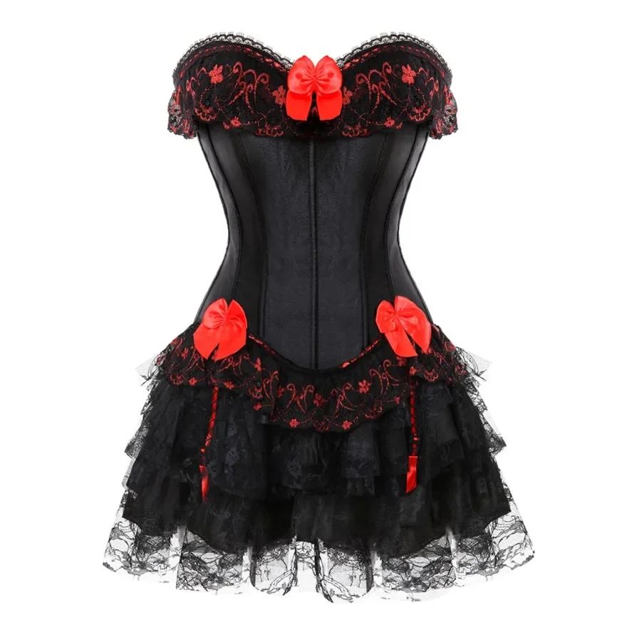 Victorian Sexy Satin Lace Bow Trim Overbust Corset Top Women Bustier Lingerie With Mini Pleated Skirt Set Plus Size S-6XL