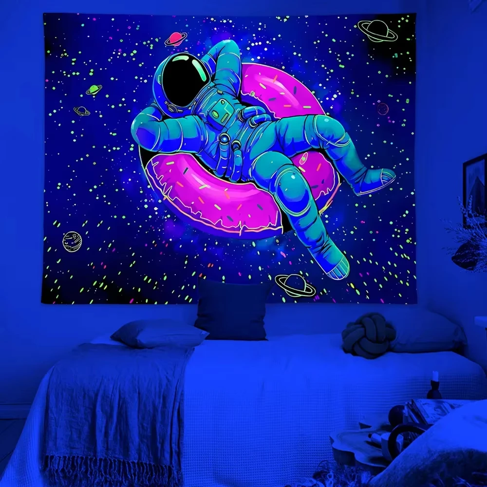 VIKAMA Psychedelic Astronaut Starry Sky Tapestry Nebula Neon Donut Design Gaming Room Bohemian Home Decor Dormitory Living Room
