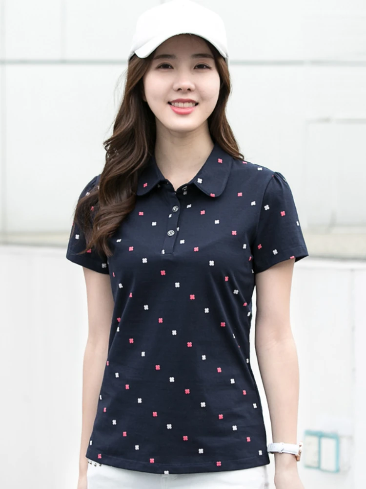 

2024 New Short Sleeve Top T-Shirt Women Spring Summer Lapel Print Versatile Polo Shirt for Women Clothing Casual Tops