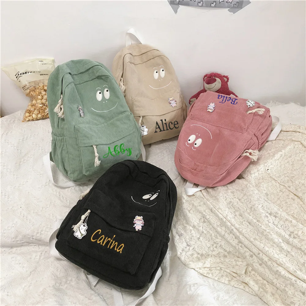 

Custom Embroidered Any Name Large Capacity Schoolbag Personalized Corduroy High School Student Backpack Travel Shoulder Bag