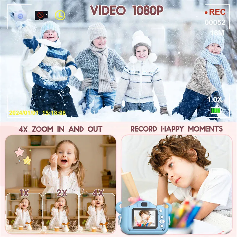 Cartoon Kids Digital Camera 20MP Dual Lens Photography toys 2 Inch Screen 1080P Childrens Mini SLR Video Player Birthday Gifts