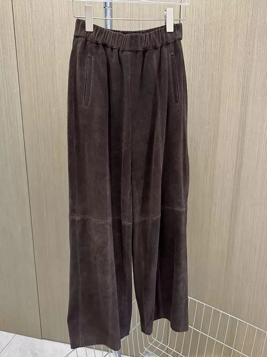 

Retro Fashion Suede Leather Sheepskin Cropped Pants for Women Femae Genuine Leather Wide Leg Floor Long Trousers Straight Cylind