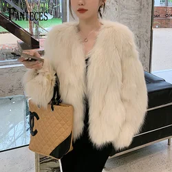 FANIECES Faux Fur Coat Women Luxury Collarless Short Fur Outwear Winter Elegant Thick Artificial Fur Jacket Warm Shaggy Overcoat