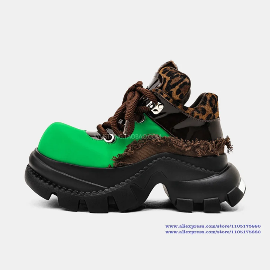 Punk Y2K Platform Sneakers Leopard Patchwork Green Brown Contrast Frayed Fringe Lace-Up Thick Sole Streetwear Casual Shoes