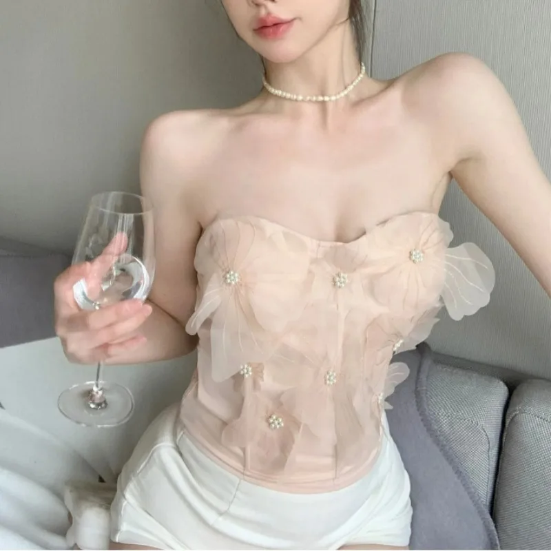 المرأة الصيف أنيق شبكة ثلاثية الأبعاد زهرة مطرز شيك قميص مثير قبالة الكتف لطيف الحلو بلوزة الإناث أكمام سليم الجنية المحاصيل القمم