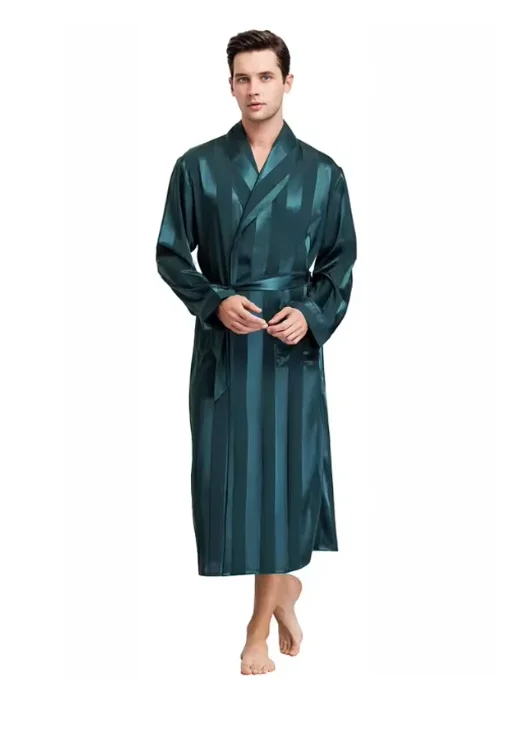 Bata de talla grande 3XL 4XL 5XL para hombre, ropa de dormir, Kimono a rayas azul marino, albornoz con bolsillo, ropa de verano de satén para el hogar, ropa de salón