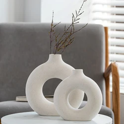 Vase Circulaire Nordique Creux en Céramique, Pot de Fleur en Forme de Donuts, Accessoires de Décoration Intérieure pour Salon, Bureau et Cadeau