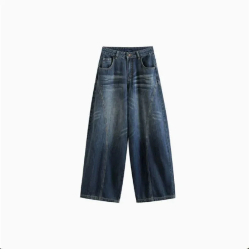 Deep Blue Wide Leg Denim Jeans Women's Early Autumn New American High Waist Loose Design Sense Floor-Length Pants