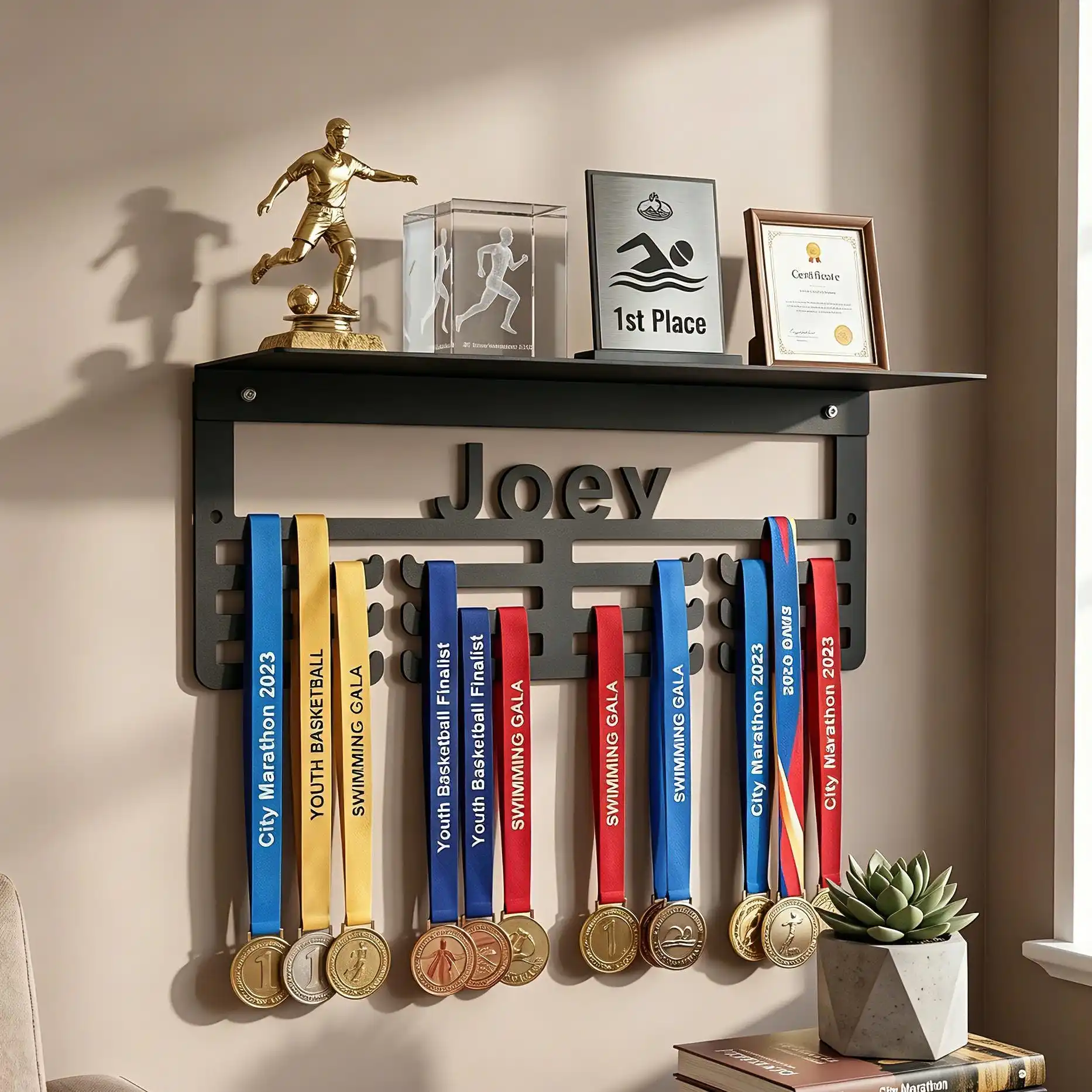 Custom Name Trophy Shelf Medal Hanger, Personalized Text 12 Rungs for Sports Award Organizer,Medal Award Display,Medals Ribbons