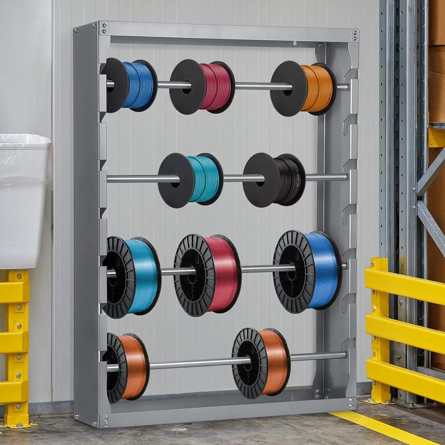 Wire Spool Rack, Wire Spool Holder Wall Mounted, Cable Dispenser with 4 Rods, Steel Cable Roller Display Holder Distribu