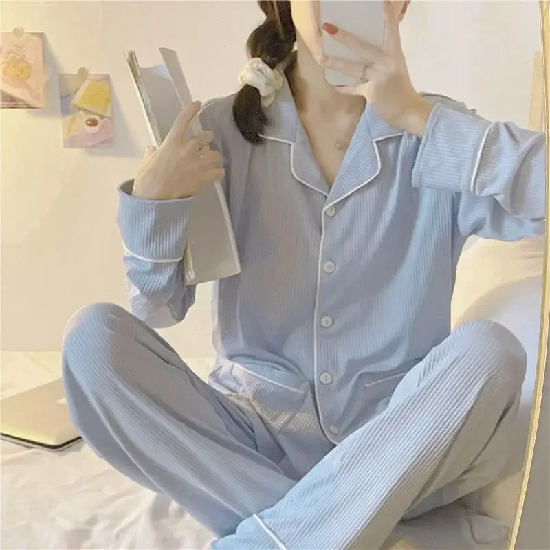 طقم بيجامة نسائي جميل للترفيه والخريف مريح كلاسيكي يومي أنيق على الطراز الكوري للسيدات تصميم ريترو للمنزل الحلو