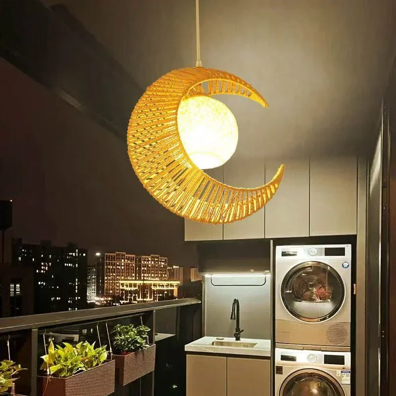 Retro Wabi Sabi Yellow Rattan Hemp Rope Moon Pendant Light Living Room Bedroom Restaurant Bar Handmade Droplight Home Decor Lamp
