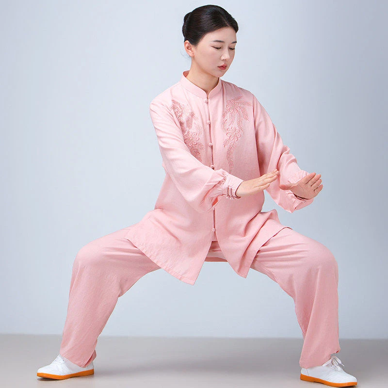 Women's New Cotton Linen Tai Chi Baduanjin Uniform - Chinese Casual Elegant Practice Wear w/ Contrast Embroidery (Spring Summer)