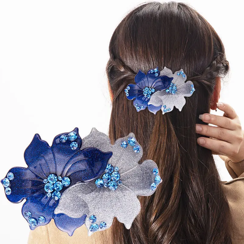 Premium Korean Edition Violet Flower Crystal Spring Hairpin Rhinestone Pan Hair Horizontal Clip Elegant Women's Hair Accessories