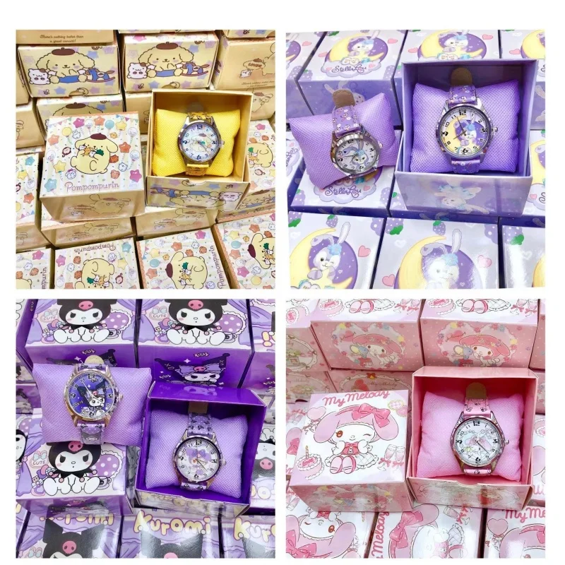 Cute Anime Sanrio PU Leather Electronic Watch Kulomi Big Ears Dog Melody Children's Watch Paired with Gift Box