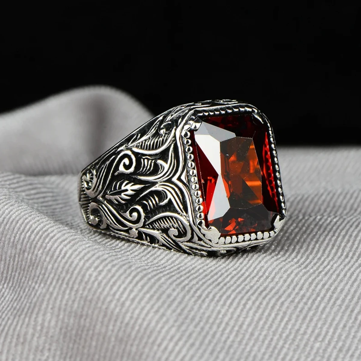 Vintage Handmade Turkish Signet Ring For Men Women Ancient Silver Color Carved Ring Red Yellow Zircon Inlay Punk Motor Biker