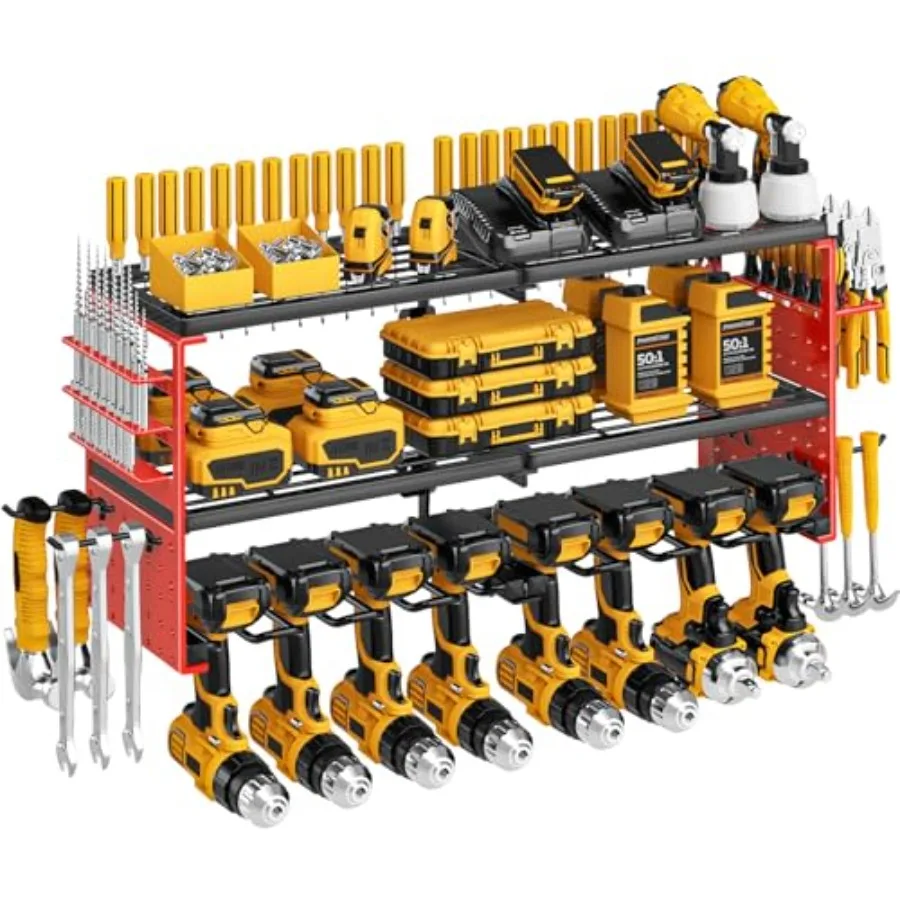 

Настенный органайзер для электроинструментов, выдерживающий нагрузку 300 фунтов, 3-ярусная металлическая полка для инструментов с 8 держателями для дрелей, для гаража и мастерской