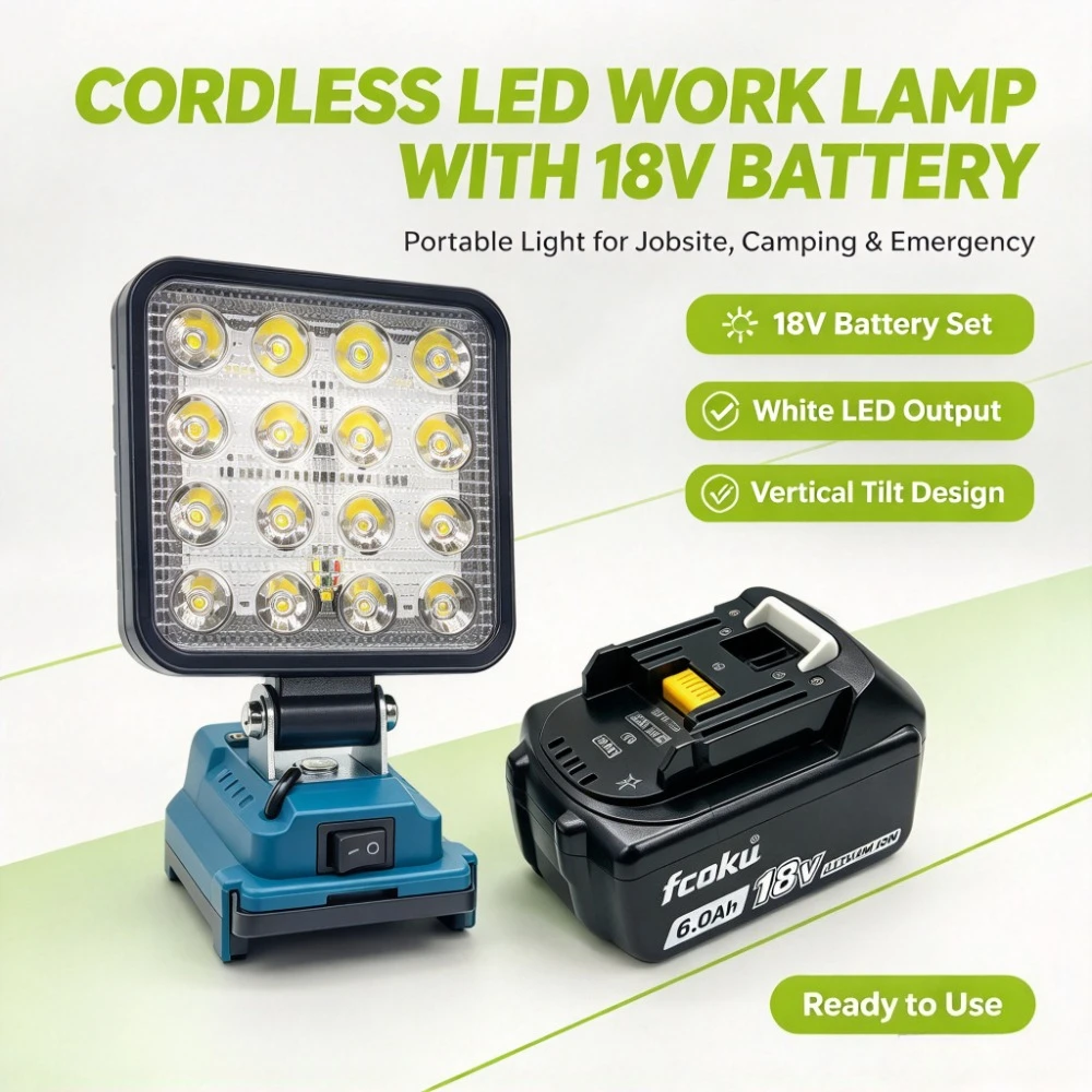 Portable 16 LED Square Work Light With 18V 6.0Ah Battery, Adjustable Tilt LED Working Lamp for Car Repair Camping