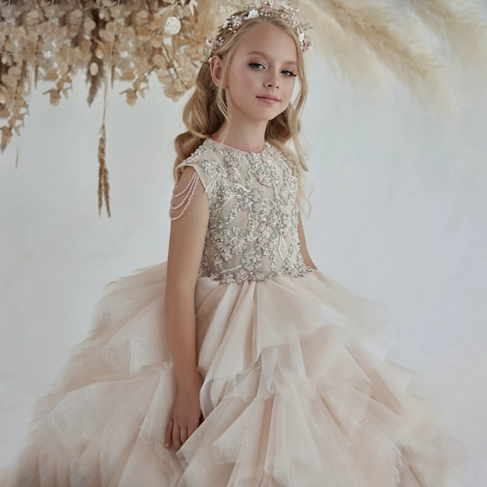 Robe de bal bouffante personnalisée pour filles, tenue de princesse avec des Appliques de perles, robe de première Communion pour spectacle de fête, de mariage, 2025