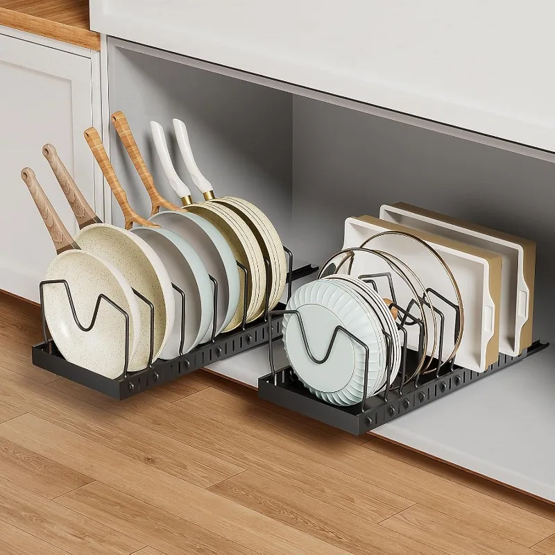 Pull-out Pots and Pans Organizer 2 Pack - Under Cabinet Pot Lid Holder for Kitchen - Bakeware & Dishes Storage Rack