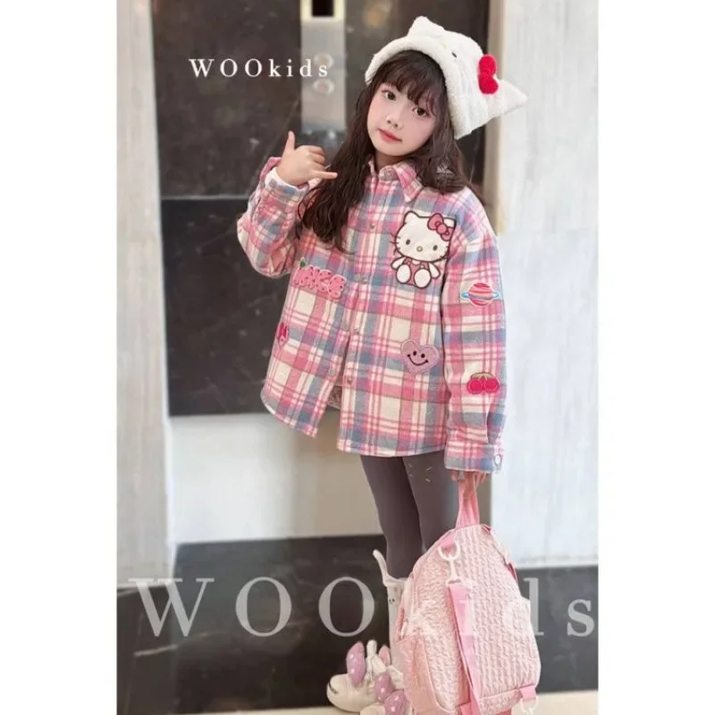 Kawaii Hello Kitty Children Girls Plush Jacket New Autumn Winter Cartoon Kids All-match Plaid Shirt Casual Warm Coat Tops Gifts