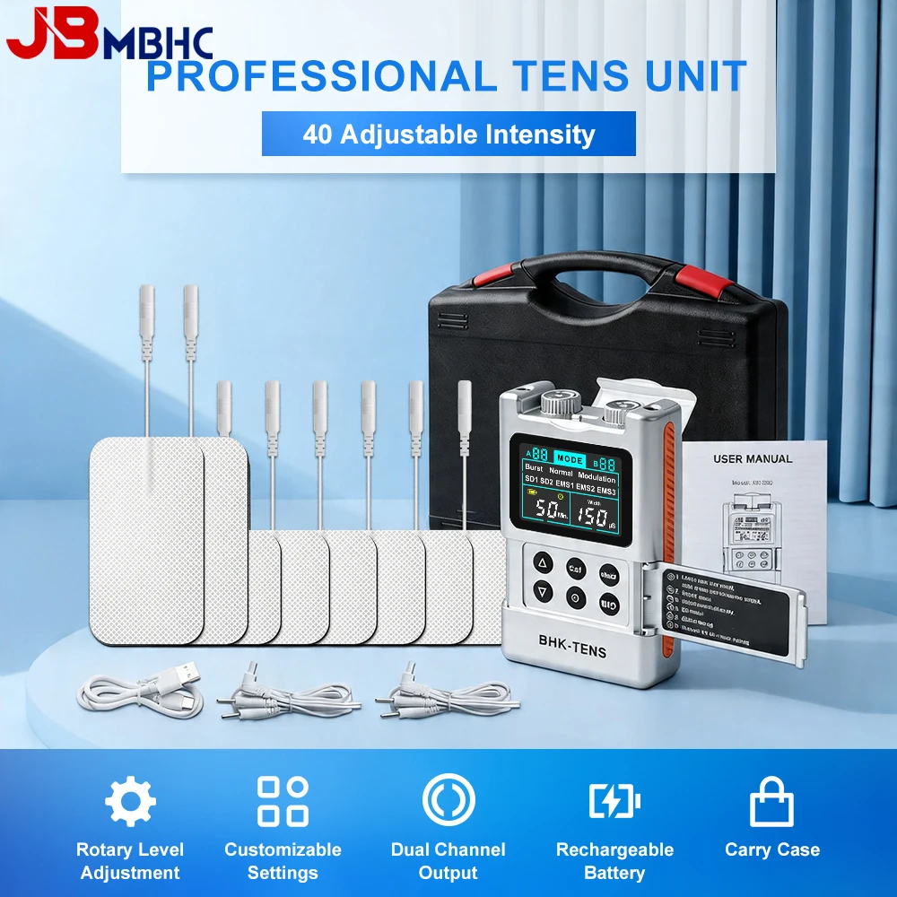 Appareil TENS 2-en-1 avec 40 intensités, stimulateur musculaire EMS à double canal, masseur électronique à impulsions rechargeable, 8 électrodes