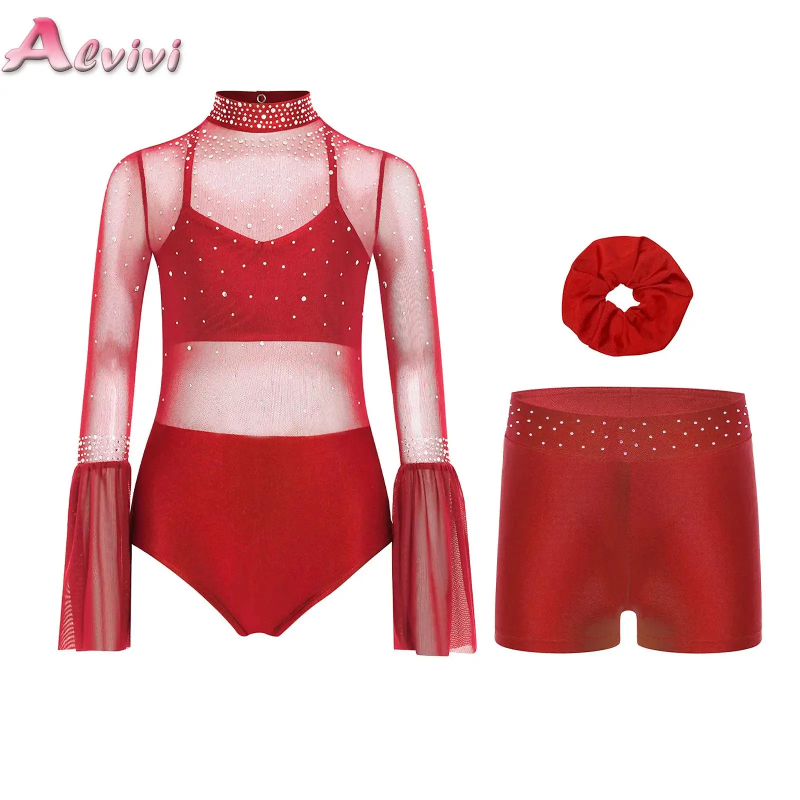 

Kids Girls Sportswear Set Shiny Gymnastics Figure Skating Dance Outfits Flare Sleeve Sheer Mesh Leotard with Shorts and Headwear