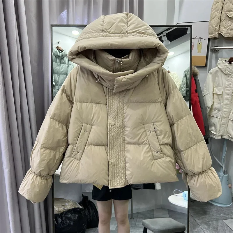 2022 Real Shot Thicken Down Jacket Women Winter Short White Duck Down Coat Hooded Parka White Black Yellow Khaki Loose Warm Coat