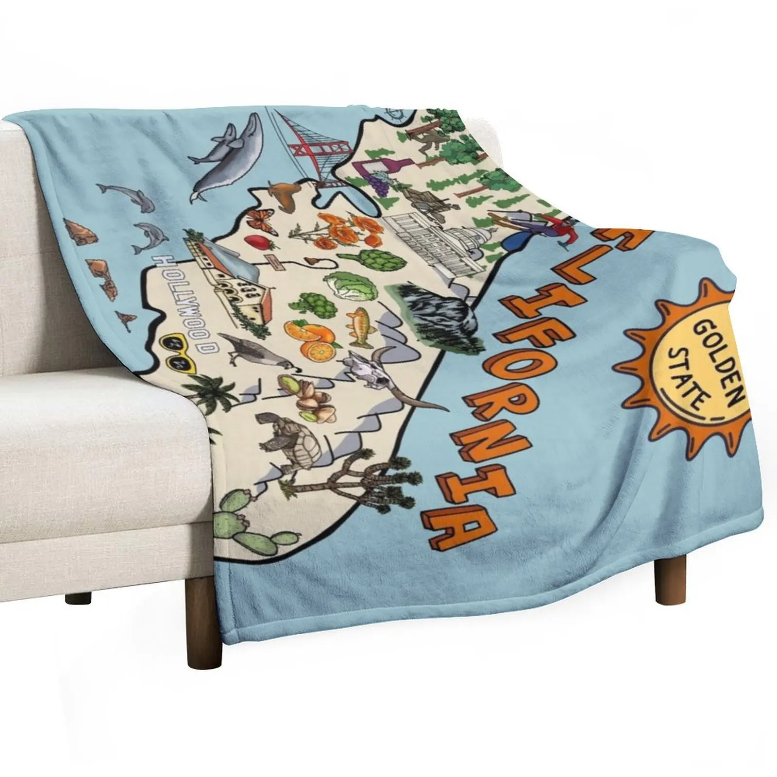 

California State Map with Colorful Pictures Throw Blanket Quilt sofa bed Personalized Gift Soft Big Blankets
