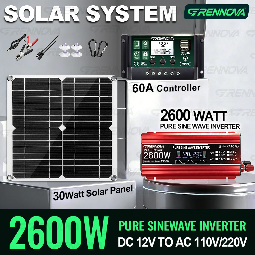 

Off-Grid Pure Sine Wave Solar Kit 30W Panel 60A Controller 2600W Peak (1300W Rated) Inverter System for Small Refrigerator TV RV