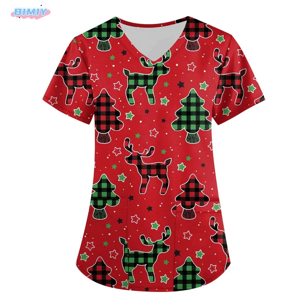 Christmas Scrub Tops Women Pockets Nursing Short Sleeve V Neck Print Christmas Scrubs Tops for Women Plus Size S-5XL Summer