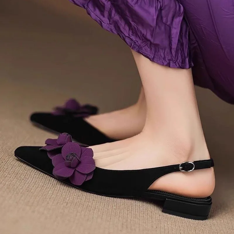 Flower Heeled Sandals Women's Pointed Toe Elegant Heels Shoes New Sexy Slingback Slippers Suede Fashion Party Mujer Sandalias - view 2